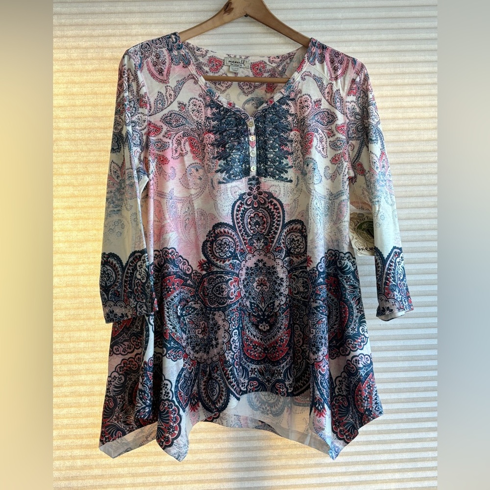 One World Live & Let Live Top Large  Stretch Hi-Low Floral Embellished